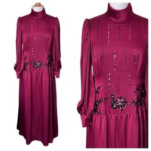 RARE! Vintage SONIA Haute Couture High Neck Long Sleeve Burgundy Evening Dress L
